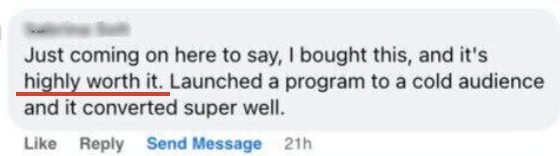 Facebook testimonial: cold audience launch converted well